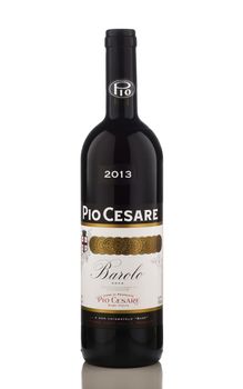 IRVINE, CALIFORNIA - DEC 28, 2018: A bottle of Pio Cesare Barolo. The fine wine is from the family owned vineyards in Serralunga d Alba, Piemonte Italy, founded in 1881.