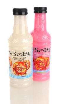 IRVINE, CA - January 11, 2013: Bottles of SoBe Pina Colada and Strawberry Banana Flavored Beverages. The name SoBe is an abbreviation of South Beach, named after the upscale area located in Miami Beach, Florida.