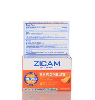 IRVINE, CA - January 05, 2014: A 45 count box of Zicam Rapidmelts Cold Remedy Citrus Flavor. The Homeopathic remedy puroprts to shorten the length of a common cold. 