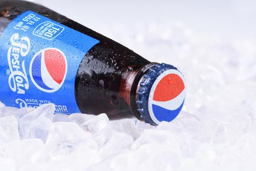 IRVINE, CALIFORNIA - FEBRUARY 7, 2017: Pepsi-Cola Bottle on ice. Pepsi is one of the leading producers of soda and soft drinks in the USA.