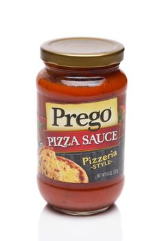 IRVINE, CALIFORNIA - 25 MAY 2020: A jar of Prego Pizza Sauce, Pizzeria Style.