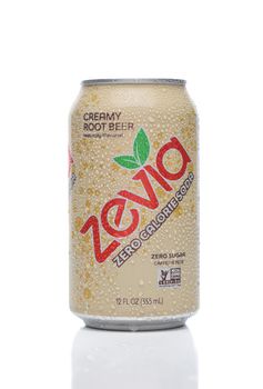 IRIVNE, CALIFORNIA - 17 JUL 2021: A cold can of Zevia Creamy Root Beer Zero Calorie Soda.