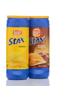 IRVINE, CALIFORNIA - MAY 23, 2019:  Two containers of Lays Stax, Original Flavor and Mesquite Barbecue from Frito-Lay.