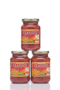 IRVINE, CALIFORNIA - 28 MAY 2021: Three jars of Classico Traditional Pizza Sauce.