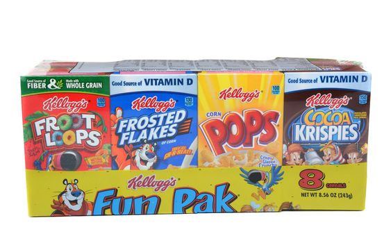 IRVINE, CALIFORNIA - MARCH 15, 2015: Kellogg's Fun Pak. A variety of Kellogg's single serving boxes. The Battle Creek, Michigan company is a leader in breakfast foods.