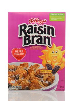 IRVINE, CALIFORNIA - MAY 22, 2019:  A box of Kelloggs Raisin Bran breakfast cereal. 