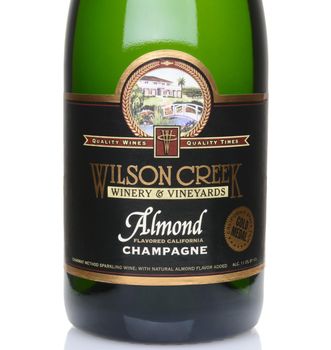 IRVINE, CA – February 10, 2014: A bottle of Wilson Creek Winery Almond Champagne. From Temecula, California, the Almond Flavored Champagne is popular at weddings.