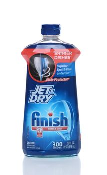 IRVINE, CA - FEBRUARY 19, 2015: A bottle of Finish Jet-Dry Dishwasher Rinse Aid. Manufactured by the Reckitt Benckiser Group, with sales in almost 200 countries.