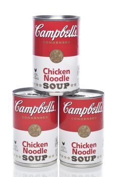 IRVINE, CALIFORNIA - 8 APRIL 2020:  Three Cans of Campbells Chicken Noodle Soup. 