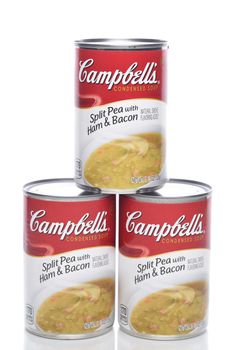IRVINE, CALIFORNIA - 8 APRIL 2020:  Three Cans of Campbells Split Pea with Ham and Bacon Soup.
