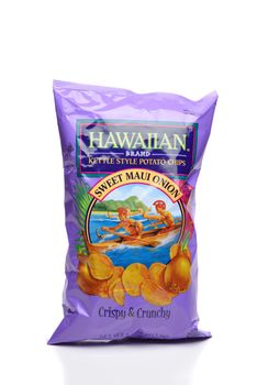 IRVINE, CALIFORNIA - 25 MAY 2020: A bag of Hawaiian Brand Kettle Style Sweet Maui Onion Potato Chips.