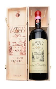 IRVINE, CA - DECEMBER 29, 2014: A 3 liter bottle of Castello D 'Albola Chianti Classico in wooden crate. The Italian estate has over 150 hectares of vineyard and over 4000 olive trees.