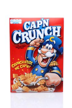 IRVINE, CA - May 14, 2014: A 14oz box of Cap'n Crunch breakfast cereal. Manufactured by Quaker Oats Company, a division of PepsiCo since 2001.