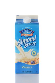 IRVINE, CA - JUNE 2, 2015: Closeup of a carton of Blue Diamond Almond Breeze Almond Milk. Almond Breeze is free of dairy, soy, lactose, cholesterol, gluten, saturated fat and MSG. 