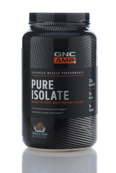 IRVINE, CALIF - SEPT 12, 2018: GNC AMP Pure Isolate Cookies and Cream Flavor. Micro-Filtered Whey Protein for Muscle Growth and Repair.