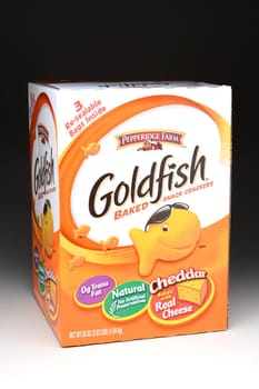 IRVINE, CA - January 21, 2013: 58 ounce box of Pepperidge Farm Goldfish snack crackers. Originally from Switzerland, Goldfish Crackers were introduced to the US in 1962.