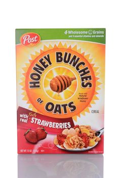 IRVINE, CA - January 29, 2014: A 13 oz box of Honey Bunches of Oats with Strawberries breakfast cereal. The cereal is made up of three kinds of flakes and oat clusters baked with a hint of honey.
