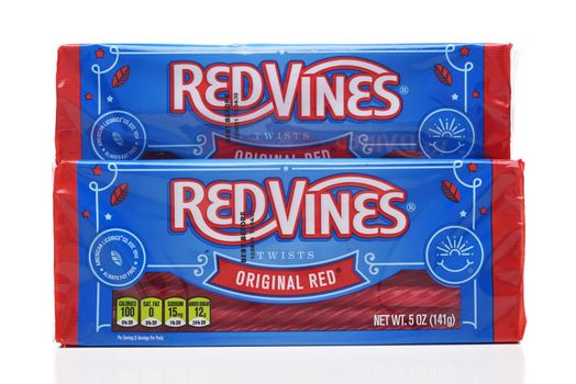 IRVINE, CALIFORNIA - 12 JUN 2021:  Two packages of Red Vines Original Red Twists licorice.