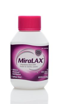 IRVINE, CA - JUNE 23, 2014: A 8 ounce bottle of MiraLax laxative. MiraLax is a polyethylene glycol powder for the treatment of occasional constipation manufactured by Merck & Co. 