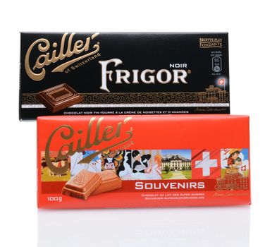 IRVINE, CALIFORNIA - JULY 14, 2014: Two Cailler Chocolate Bars, the Frigor Noir and Souvenirs. Cailler is the oldest Swiss chocolate brand still in existence, and part of the Nestle Group.