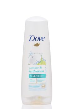 IRVINE, CALIFORNIA - 28 MAY 2021: A bottle of Dove Coconut and Hydration hair conditioner.