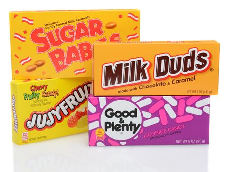 IRVINE, CA - DECEMBER 12, 2014: Four boxes of candy. Sugar Babies, Jujyfruits, Good & Plenty and Milk Duds are favorite snacks for movie goers at American theaters.