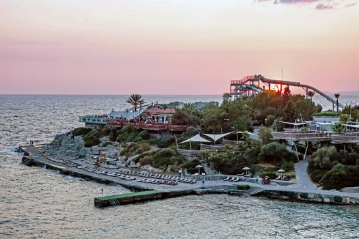 Kusadasi,Aydin,Turkey- July 25,2021.The view from Pinebay holiday village and resort in Kusadasi, in the sea and nature and summer sesason.