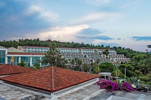 Kusadasi,Aydin,Turkey- July 25,2021.The view from Pinebay holiday village and resort in Kusadasi, in the sea and nature and summer sesason.