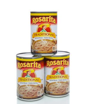 IRVINE, CA - JANUARY 4, 2018: Three cans of Rosarita Traditional Refried Beans. Refried Beans are a staple in many mexican dishes.
