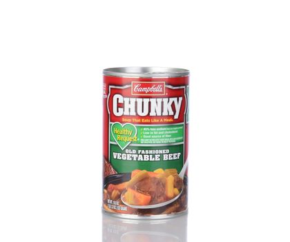 IRVINE, CA - January 05, 2014: A can of Campbells Chunky Vegetable Beef Soup. Headquartered in Camden, New Jersey, Campbell's products are sold in 120 countries around the world.
