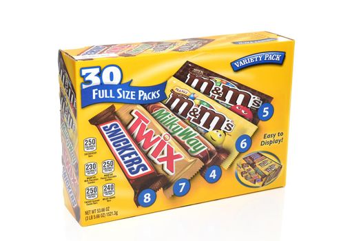 IRVINE, CALIFORNIA - 6 OCT 2020: A 30 count variety pack box of candy bars from Mars Wrigley. 