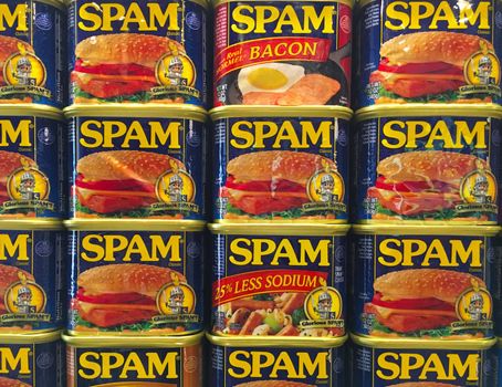 AUSTIN, MINNESOTA - JUNE 21, 2017: A display of Spam Cans at the Spam Museum. The space is dedicated to Spam, the canned precooked meat product made by the Hormel Foods Corporation.
