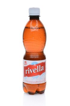 IRVINE, CALIFORNIA - JULY 14, 2014: A bottle of Rivella Red. In 1952, Swiss pioneer Dr. Robert Barth created the wellness beverage based on whey and a secret blend of herb and fruit essences.