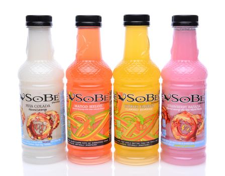 IRVINE, CA - May 14, 2014: Bottles of SoBe Pina Colada, Citrus Energy, Mango Melon and Strawberry Banana Flavored Beverages. The name SoBe is an abbreviation of South Beach, named after the upscale area of Miami Beach, Fl.