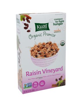 IRVINE, CA - DECEMBER 12, 2014: A box of Kashi Raisin Vineyard breakfast cereal. The Kashi Company produces a line of organic, Non-GMO cereals, cracker, cookies and entrees.