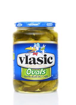 IRVINE, CA - JUNE 23, 2014: A jar of Vlasic Ovals Hamburger Dill Chips. Introduced in 1942, Vlasic is one of the most popular pickle brands in the United States.