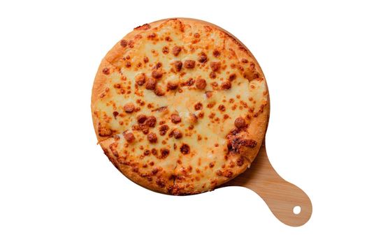 Top view of pizza on a wooden tray isolated on a white background