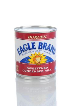 IRVINE, CA - January 11, 2013: A 14 oz. can of Borden Eagle Brand Condensed Milk. Borden started selling processed milk to consumers in 1875. J.M. Smucker now uses the name for their Eagle Brand condensed milk.
