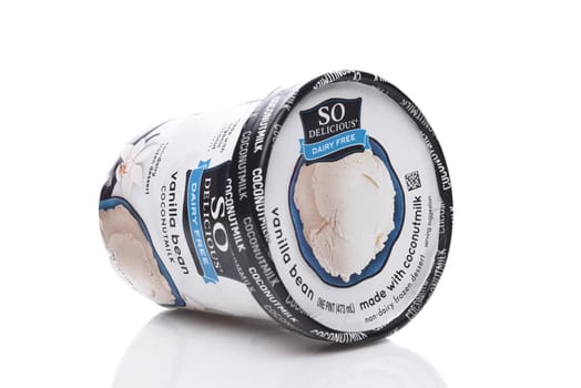 IRVINE, CALIFORNIA - 26 APRIL 2020:  A Carton of So Delicious Vanilla Bean Coconut Milk Non-Dairy Frozen Dessert, on its side.