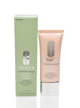 IRVINE, CALIFORNIA - AUGUST 20, 2019: A bottle of Clinique Moisture Surge CC Cream, hydrating colour corrector.