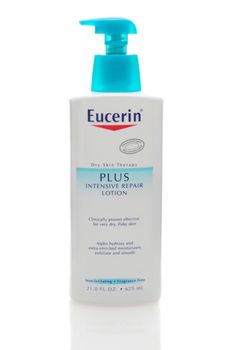 IRVINE, CA, JAN 31, 2011: Single 21oz pump bottle of Eucerin Dry Skin Therapy Lotion on a white background.
