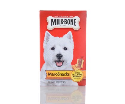 IRVINE, CA - January 05, 2014: A 15 oz boxes of Milk Bone MaroSnacks. Milk-Bone, a division of Del Monte Foods, has been making dog snacks for over 100 years.