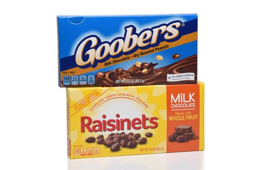 IRVINE, CALIFORNIA - 16 JUNE 2020: A box of Goobers chocolate covered peanuts and a box of Raisinets, chocolate covered raisins.