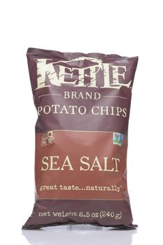 IRVINE, CALIFORNIA - 28 MAY 2021: A bag of Kettle Brand Sea Salt Potato Chips. 