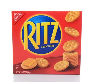 IRVINE, CA - FEBRUARY 19, 2015: A box Ritz Crackers. Introduced in 1934 by Nabisco, the circular crackers are lightly salted with scalloped edges.