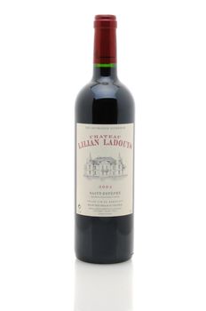 IRVINE, CA - January 11, 2013: A 750 ml bottle of Chateau Lillian Ladouys. A Grand vin de Bordeaux from the Saint Estephe appellation of France. 