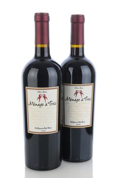 IRVINE, CA - January 11, 2013: Two 750 ml Bottles of Menage a Trois California Red Wine. Produced by the award winning winery Folie a Deux in Sonoma.