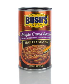 IRVINE, CA - January 21, 2013: A 28 ounce can of Bush's Maple Cured Bacon Baked Beans. Bush's has been canning beans since 1908, currently with a product line of over 40 items.