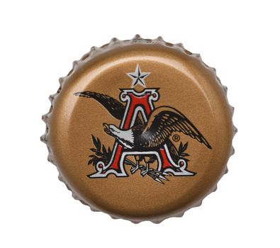 IRVINE, CALIFORNIA - 4 JUNE 2020: Closeup of an Anheuser-Busch bottle cap on white.