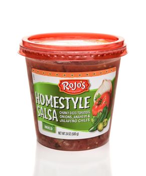 IRVINE, CALFORNIA - FEBRUARY 17, 2019: A 24 ounce container of Rojos Homestyle Mild Salsa. All Rojo’s salsas are gluten free.
